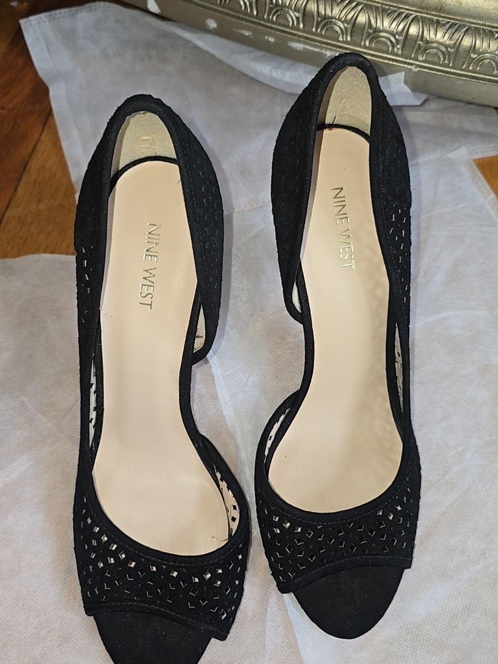 Nine West Black Laser-Cut Open-Toe Pumps